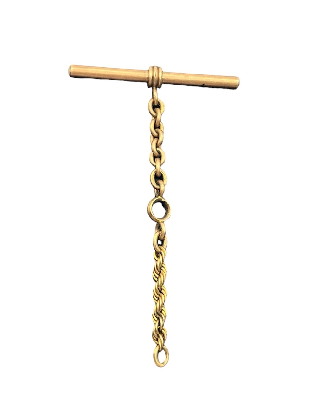 T bar for Albert pocket watch chain gold tone rope & curb chain vintage antique